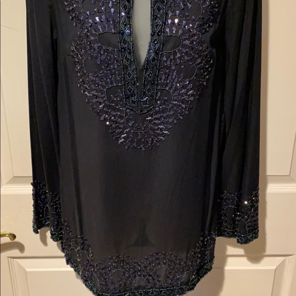 Tory Burch Navy Tunic Top Dress Coverup Crystals Beaded 8 NWT - Picture 3 of 11